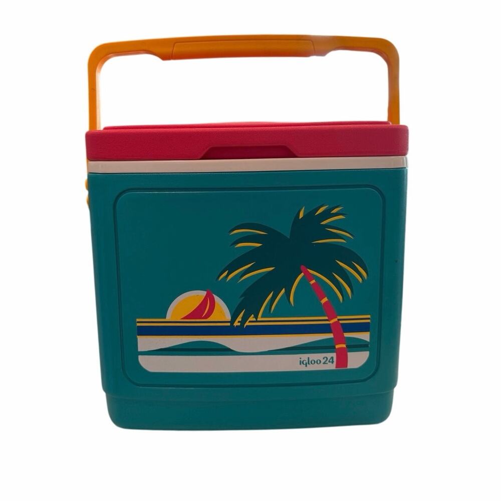 Vintage 1989 Igloo 24 Picnic Cooler Teal Pink Sunset Palm Tree Retro 80s 90s
